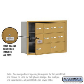 Salsbury Industries 19135-10GRK Cell Phone Storage Locker-with Front Access Panel-3 Door High Unit(5 Inch Deep Compartments)-8 A Doors(7 usable)and 2 B Doors-Gold-Recessed Mounted-Master Keyed Locks