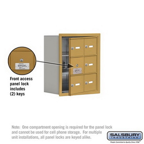Salsbury Industries 19138-06GRK Cell Phone Storage Locker - with Front Access Panel - 3 Door High Unit(8 Inch Deep Compartments)- 6 A Doors(5 usable)- Gold - Recessed Mounted - Master Keyed Locks