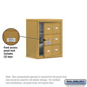 Salsbury Industries 19138-06GSK Cell Phone Storage Locker - with Front Access Panel - 3 Door High Unit (8 Inch Deep Compartments) - 6 A Doors (5 usable) - Gold - Surface Mounted - Master Keyed Locks