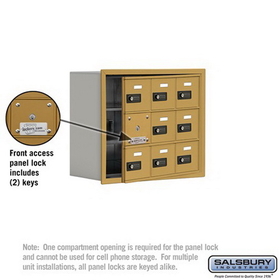 Salsbury Industries 19138-09GRC Cell Phone Storage Locker-with Front Access Panel-3 Door High Unit (8 Inch Deep Compartments)-9 A Doors (8 usable)-Gold-Recessed Mounted-Resettable Combination Locks