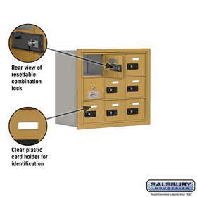 Salsbury Industries 19138-09GRC Cell Phone Storage Locker-with Front Access Panel-3 Door High Unit (8 Inch Deep Compartments)-9 A Doors (8 usable)-Gold-Recessed Mounted-Resettable Combination Locks
