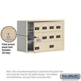 Salsbury Industries 19138-10SRC Cell Phone Storage Locker-with Front Access Panel-3 Door High Unit (8in Deep Compartments)-8 A Doors (7 usable) and 2 B Doors-Sandstone-Recessed Mounted