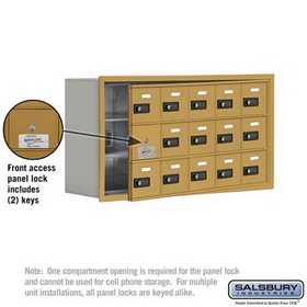 Salsbury Industries 19138-15GRC Cell Phone Storage Locker-with Front Access Panel-3 Door High Unit(8 Inch Deep Compartments)-15 A Doors(14 usable)-Gold-Recessed Mounted-Resettable Combination Locks