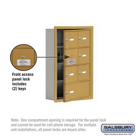 Salsbury Industries 19145-07GRK Cell Phone Storage Locker-with Front Access Panel-4 Door High Unit(5 Inch Deep Compartments)-6 A Doors(5 usable)and 1 B Door-Gold-Recessed Mounted-Master Keyed Locks