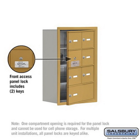 Salsbury Industries 19148-07GRK Cell Phone Storage Locker-with Front Access Panel-4 Door High Unit(8 Inch Deep Compartments)-6 A Doors(5 usable)and 1 B Door-Gold-Recessed Mounted-Master Keyed Locks