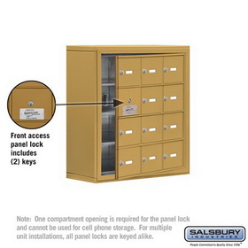 Salsbury Industries 19148-12GSK Cell Phone Storage Locker-with Front Access Panel-4 Door High Unit (8 Inch Deep Compartments)-12 A Doors (11 usable)-Gold-Surface Mounted-Master Keyed Locks