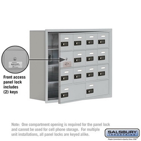 Salsbury Industries 19148-14ARC Cell Phone Storage Locker-with Front Access Panel-4 Door High Unit (8in Deep Compartments)-12 A Doors (11 usable) and 2 B Doors-Aluminum-Recessed Mounted