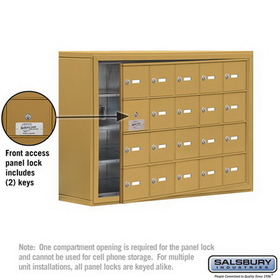 Salsbury Industries 19148-20GSK Cell Phone Storage Locker-with Front Access Panel-4 Door High Unit (8 Inch Deep Compartments)-20 A Doors (19 usable)-Gold-Surface Mounted-Master Keyed Locks