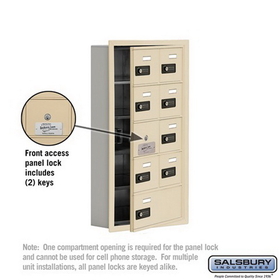 Salsbury Industries 19155-09SRC Cell Phone Storage Locker-with Front Access Panel-5 Door High Unit (5in Deep Compartments)-8 A Doors (7 usable) and 1 B Door-Sandstone-Recessed Mounted