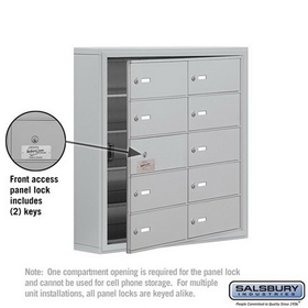 Salsbury Industries 19155-10ASK Cell Phone Storage Locker-with Front Access Panel-5 Door High Unit (5 Inch Deep Compartments)-10 B Doors (9 usable)-Aluminum-Surface Mounted-Master Keyed Locks