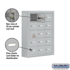 Salsbury Industries 19155-15ASK Cell Phone Storage Locker-with Front Access Panel-5 Door High Unit (5 Inch Deep Compartments)-15 A Doors (14 usable)-Aluminum-Surface Mounted-Master Keyed Locks