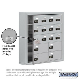 Salsbury Industries 19155-16ASC Cell Phone Storage Locker-with Front Access Panel-5 Door High Unit (5in Deep Compartments)-12 A Doors (11 usable) and 4 B Doors-Aluminum-Surface Mounted