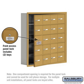 Salsbury Industries 19155-20GRK Cell Phone Storage Locker-with Front Access Panel-5 Door High Unit (5 Inch Deep Compartments)-20 A Doors (19 usable)-Gold-Recessed Mounted-Master Keyed Locks