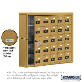 Salsbury Industries 19155-25GSC Cell Phone Storage Locker-with Front Access Panel-5 Door High Unit (5 Inch Deep Compartments)-25 A Doors (24 usable)-Gold-Surface Mounted-Resettable Combination Locks