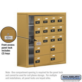 Salsbury Industries 19158-16GSC Cell Phone Storage Locker-5 Door High Unit(8in Deep Compartments)-12 A Doors(11 usable)and 4 B Doors-Gold-Surface Mounted-Resettable Combination Locks