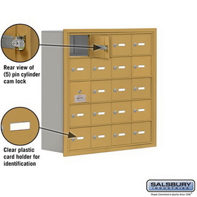 Salsbury Industries 19158-20GRK Cell Phone Storage Locker-with Front Access Panel-5 Door High Unit (8 Inch Deep Compartments)-20 A Doors (19 usable)-Gold-Recessed Mounted-Master Keyed Locks