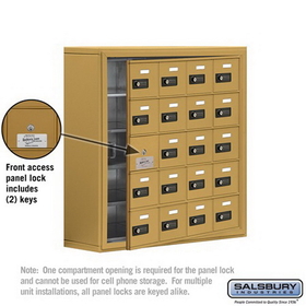 Salsbury Industries 19158-20GSC Cell Phone Storage Locker-with Front Access Panel-5 Door High Unit (8 Inch Deep Compartments)-20 A Doors (19 usable)-Gold-Surface Mounted-Resettable Combination Locks