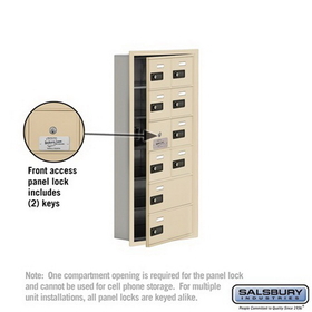 Salsbury Industries 19165-10SRC Cell Phone Storage Locker-with Front Access Panel-6 Door High Unit (5in Deep Compartments)-8 A Doors (7 usable) and 2 B Doors-Sandstone-Recessed Mounted