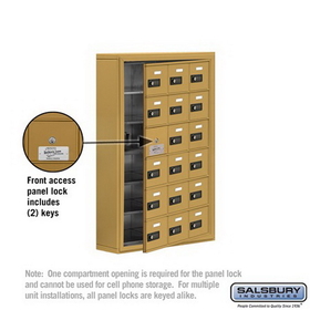 Salsbury Industries 19165-18GSC Cell Phone Storage Locker-with Front Access Panel-6 Door High Unit (5 Inch Deep Compartments)-18 A Doors (17 usable)-Gold-Surface Mounted-Resettable Combination Locks