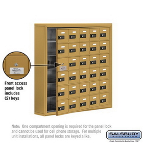 Salsbury Industries 19165-30GSC Cell Phone Storage Locker-with Front Access Panel-6 Door High Unit (5 Inch Deep Compartments)-30 A Doors (29 usable)-Gold-Surface Mounted-Resettable Combination Locks