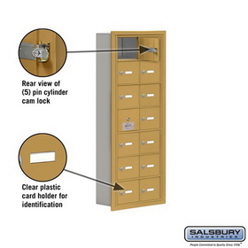Salsbury Industries 19175-14GRK Cell Phone Storage Locker-with Front Access Panel-7 Door High Unit (5 Inch Deep Compartments)-14 A Doors (13 usable)-Gold-Recessed Mounted-Master Keyed Locks
