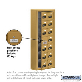 Salsbury Industries 19175-14GSC Cell Phone Storage Locker-with Front Access Panel-7 Door High Unit (5 Inch Deep Compartments)-14 A Doors (13 usable)-Gold-Surface Mounted-Resettable Combination Locks