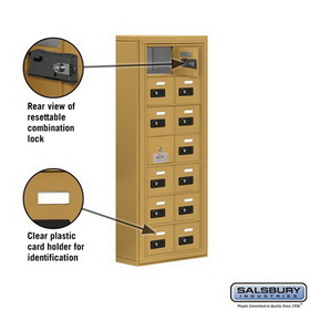 Salsbury Industries 19175-14GSC Cell Phone Storage Locker-with Front Access Panel-7 Door High Unit (5 Inch Deep Compartments)-14 A Doors (13 usable)-Gold-Surface Mounted-Resettable Combination Locks