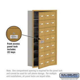 Salsbury Industries 19175-21GRK Cell Phone Storage Locker-with Front Access Panel-7 Door High Unit (5 Inch Deep Compartments)-21 A Doors (20 usable)-Gold-Recessed Mounted-Master Keyed Locks