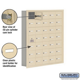 Salsbury Industries 19175-35SRK Cell Phone Storage Locker-with Front Access Panel-7 Door High Unit (5 Inch Deep Compartments)-35 A Doors (34 usable)-Sandstone-Recessed Mounted-Master Keyed Locks