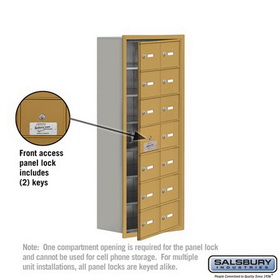 Salsbury Industries 19178-14GRK Cell Phone Storage Locker-with Front Access Panel-7 Door High Unit (8 Inch Deep Compartments)-14 A Doors (13 usable)-Gold-Recessed Mounted-Master Keyed Locks