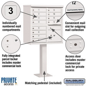 Salsbury Industries 3312WHT-P Cluster Box Unit (Includes Pedestal and Master Commercial Locks) - 12 A Size Doors - Type II - White - Private Access
