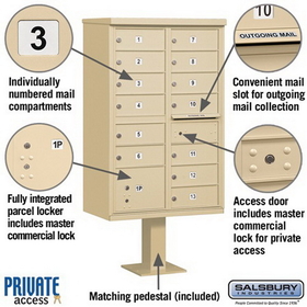 Salsbury Industries 3313SAN-P Cluster Box Unit (Includes Pedestal and Master Commercial Locks) - 13 B Size Doors - Type IV - Sandstone - Private Access