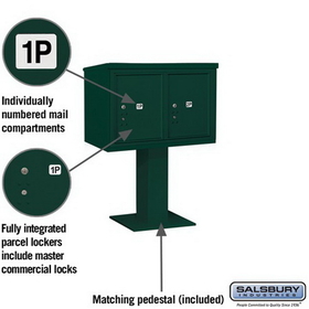 Salsbury Industries 3405D-2PGRN Pedestal Mounted 4C Horizontal Mailbox Unit - 5 Door High Unit (48-1/8 Inches) - Double Column - Stand-Alone Parcel Locker - 2 PL5