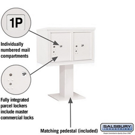 Salsbury Industries 3405D-2PWHT Pedestal Mounted 4C Horizontal Mailbox Unit - 5 Door High Unit (48-1/8 Inches) - Double Column - Stand-Alone Parcel Locker - 2 PL5