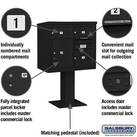 Salsbury Industries 3407D-03BLK Pedestal Mounted 4C Horizontal Mailbox Unit - 7 Door High Unit (55-1/8 Inches) - Double Column - 2 MB2 Doors / 1 MB3 Door / 1 PL5 - Black