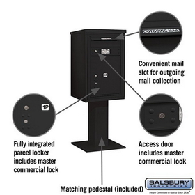 Salsbury Industries 3407S-1PBLK Pedestal Mounted 4C Horizontal Mailbox Unit-7 Door High Unit (55-1/8 Inches)-Single Column-Stand-Alone Parcel Locker-1 PL5 with Outgoing Mail Compartment-Black
