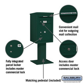 Salsbury Industries 3407S-1PGRN Pedestal Mounted 4C Horizontal Mailbox Unit-7 Door High Unit (55-1/8 Inches)-Single Column-Stand-Alone Parcel Locker-1 PL5 with Outgoing Mail Compartment-Green
