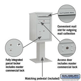 Salsbury Industries 3407S-1PGRY Pedestal Mounted 4C Horizontal Mailbox Unit-7 Door High Unit (55-1/8 Inches)-Single Column-Stand-Alone Parcel Locker-1 PL5 with Outgoing Mail Compartment-Gray