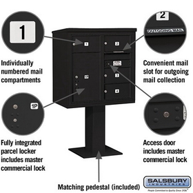 Salsbury Industries 3408D-04BLK Pedestal Mounted 4C Horizontal Mailbox Unit - 8 Door High Unit (58-5/8 Inches) - Double Column - 4 MB2 Doors / 1 PL6 - Black