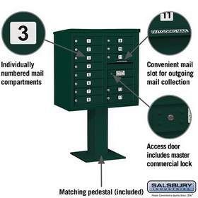 Salsbury Industries 3408D-13GRN Pedestal Mounted 4C Horizontal Mailbox Unit - 8 Door High Unit (58-5/8 Inches) - Double Column - 13 MB1 Doors - Green