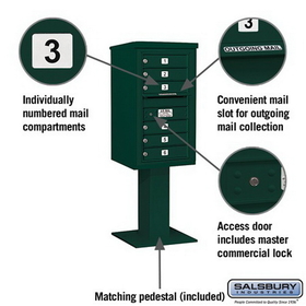 Salsbury Industries 3408S-06GRN Pedestal Mounted 4C Horizontal Mailbox Unit - 8 Door High Unit (58-5/8 Inches) - Single Column - 6 MB1 Doors - Green