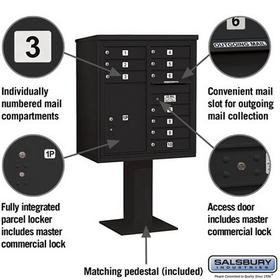 Salsbury Industries 3409D-10BLK Pedestal Mounted 4C Horizontal Mailbox Unit - 9 Door High Unit (62-1/8 Inches) - Double Column - 10 MB1 Doors / 1 PL6 - Black