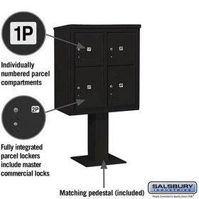 Salsbury Industries 3409D-4PBLK Pedestal Mounted 4C Horizontal Mailbox Unit - 9 Door High Unit (62-1/8 Inches) - Double Column - Stand-Alone Parcel Locker - 2 PL4
