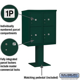 Salsbury Industries 3409D-4PGRN Pedestal Mounted 4C Horizontal Mailbox Unit - 9 Door High Unit (62-1/8 Inches) - Double Column - Stand-Alone Parcel Locker - 2 PL4