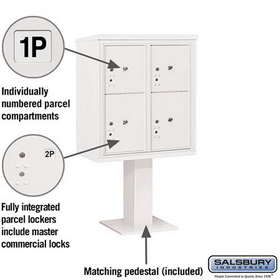 Salsbury Industries 3409D-4PWHT Pedestal Mounted 4C Horizontal Mailbox Unit - 9 Door High Unit (62-1/8 Inches) - Double Column - Stand-Alone Parcel Locker - 2 PL4