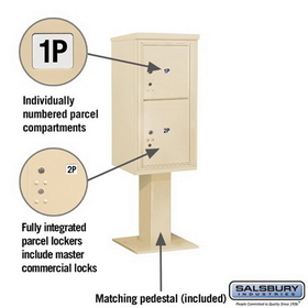 Salsbury Industries 3409S-2PSAN Pedestal Mounted 4C Horizontal Mailbox Unit - 9 Door High Unit (62-1/8 Inches) - Single Column - Stand-Alone Parcel Locker - 1 PL4 and 1 PL5 - Sandstone