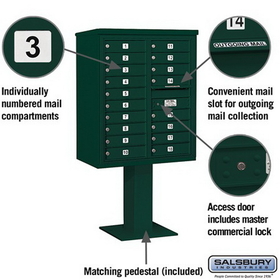 Salsbury Industries 3410D-18GRN Pedestal Mounted 4C Horizontal Mailbox Unit - 10 Door High Unit (65-5/8 Inches) - Double Column - 18 MB1 Doors - Green