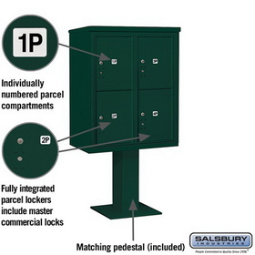 Salsbury Industries 3410D-4PGRN Pedestal Mounted 4C Horizontal Mailbox Unit - 10 Door High Unit (65 5/8 Inches) - Double Column - Stand-Alone Parcel Locker - 4 PL5