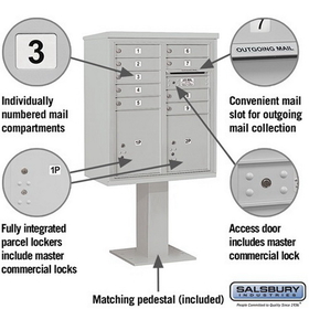Salsbury Industries 3410DA-09GRY Pedestal Mounted 4C Horizontal Mailbox Unit - 10 Door High Unit (65-5/8 Inches) - Double Column - 9 MB1 Doors / 1 PL4.5 and 1 PL5 - Gray
