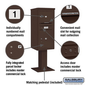 Salsbury Industries 3410S-01BRZ Pedestal Mounted 4C Horizontal Mailbox Unit - 10 Door High Unit (65-5/8 Inches) - Single Column - 1 MB3 Door / 1 PL5 - Bronze